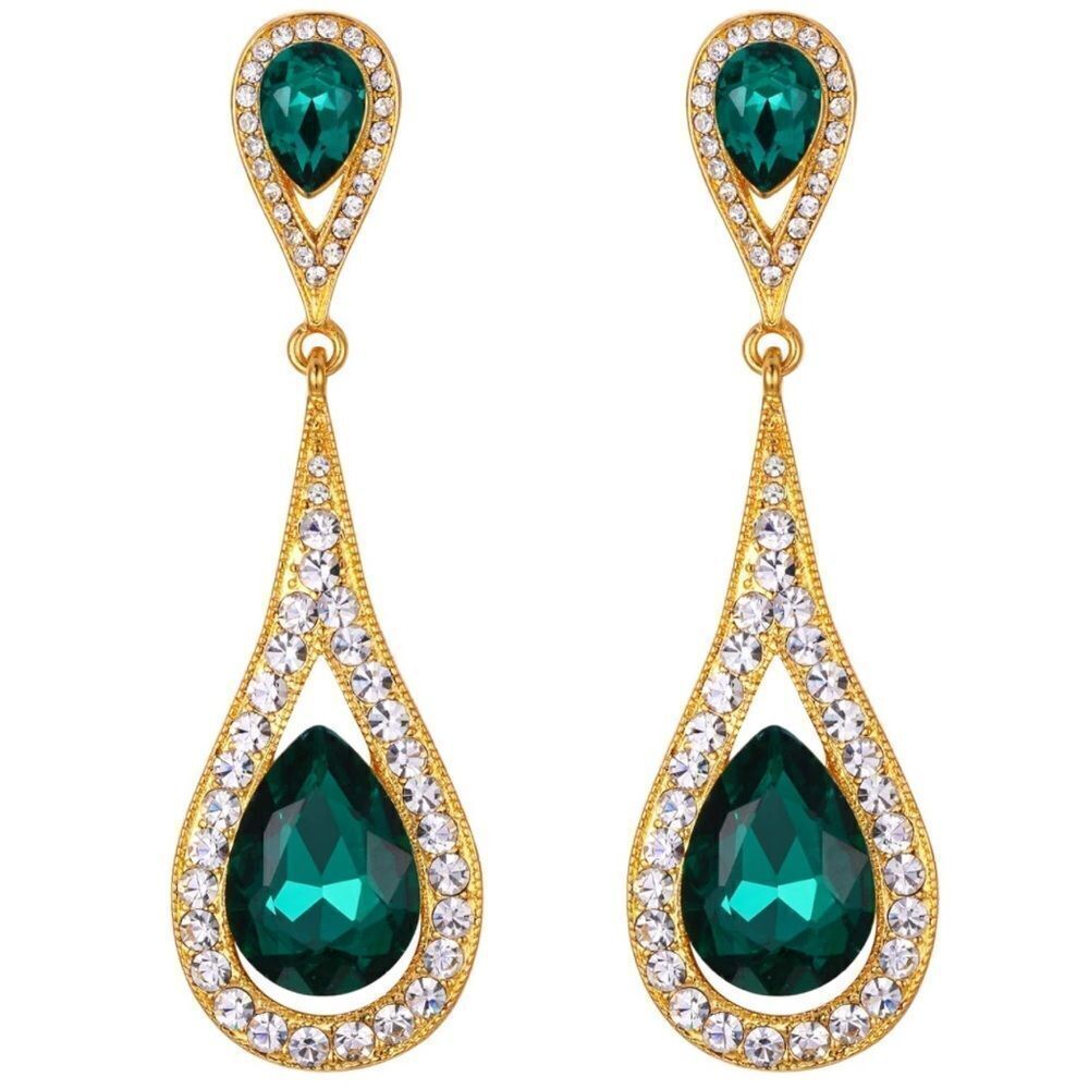 Yellow Gold with Emerald and Diamond Austrian Crystal Dual Teardrop Earrings